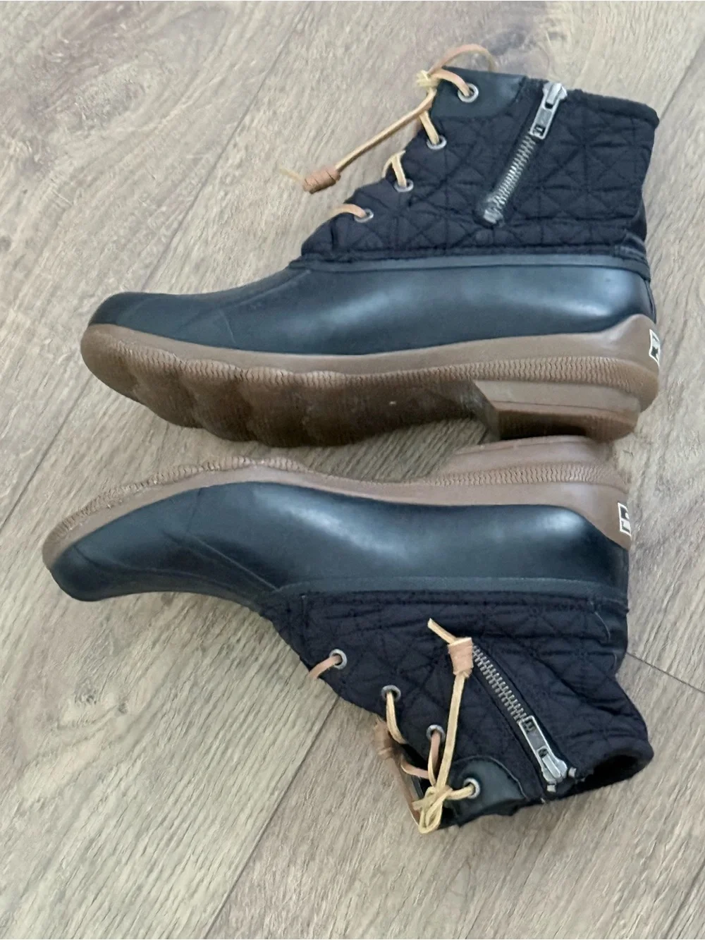 Sperry Saltwater Duck Boots Women Size 9 Black Quilted Waterproof Rain Side Zip